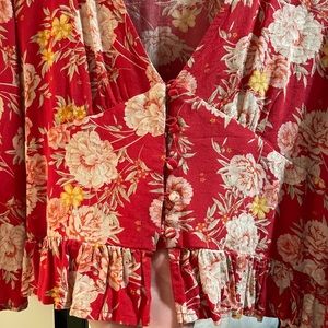AE Red floral cropped ruffle long sleeve shirt